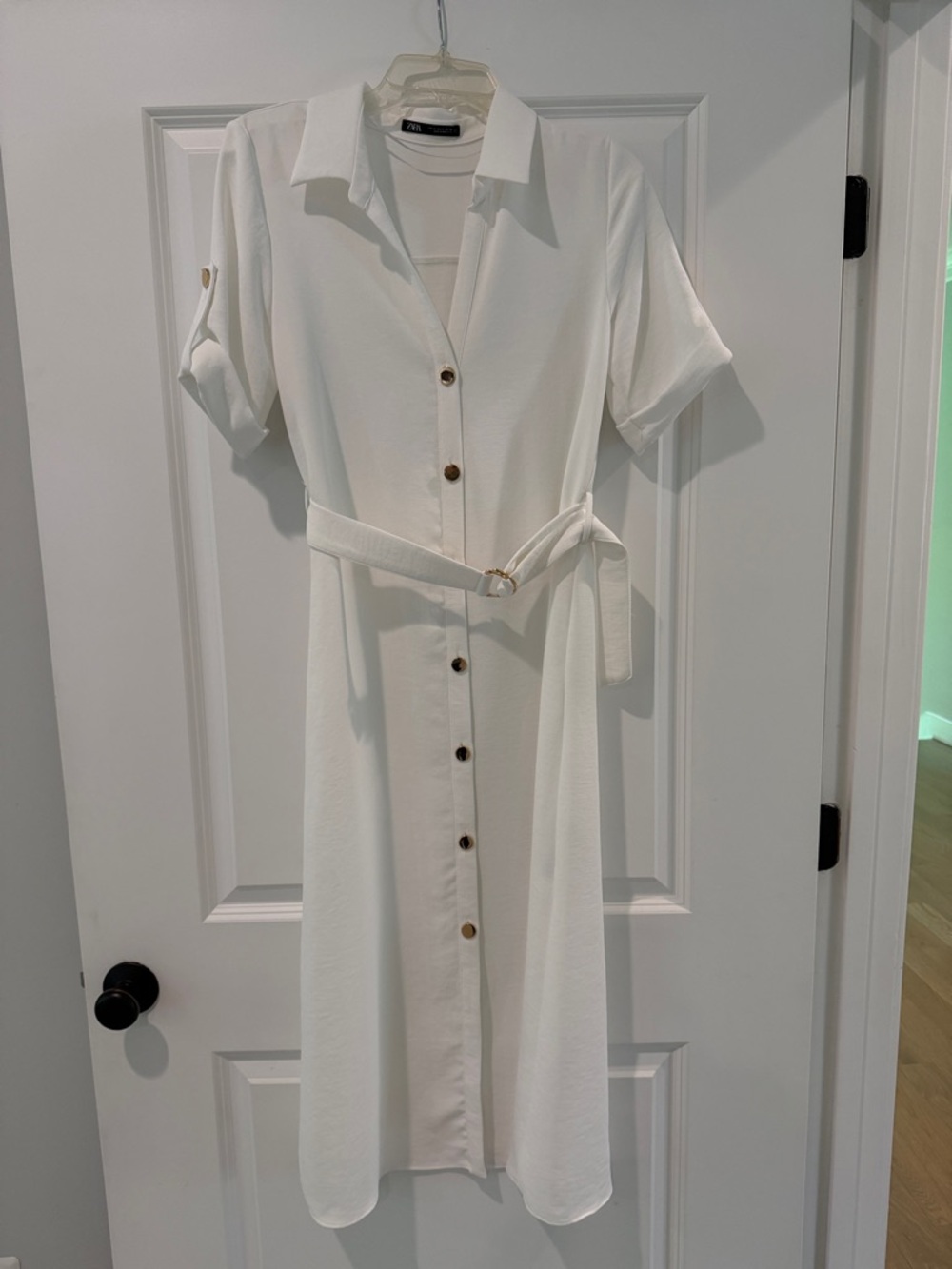 Zara Cream Button-Front Midi Shirt Dress with Belt